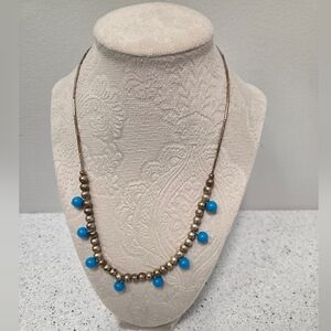 Silver Tone Beaded Necklace Blue Dangle Beads Boho Minimalist Statement Jewelry